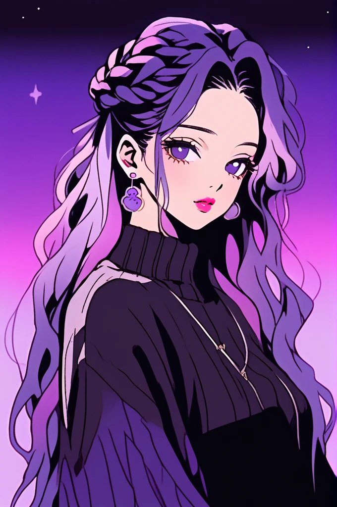 (Highest quality, sketch:1.2),Realistic,Illustrator,anime,1 girl, Detailed lips,sweater,custom,Pink gradient background,Neon Hair,Texture Clipping,masterpiece, style: Retro Classic, Dark Black、Braiding、Under the Moon、黒とpurpleの髪、Beautiful books、Straight Long Hair、Hair is Night 、purple、Real