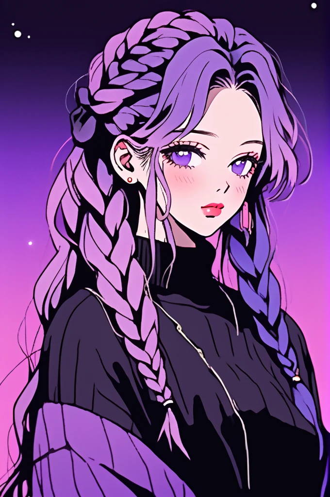 (Highest quality, sketch:1.2),Realistic,Illustrator,anime,1 girl, Detailed lips,sweater,custom,Pink gradient background,Neon Hair,Texture Clipping,masterpiece, style: Retro Classic, Dark Black、Braiding、Under the Moon、黒とpurpleの髪、Beautiful books、Straight Long Hair、Hair is Night 、purple、Real