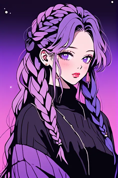 (highest quality, sketch:1.2),realistic,illustrator,anime,1 girl, detailed lips,sweater,custom,pink gradient background,neon hai...