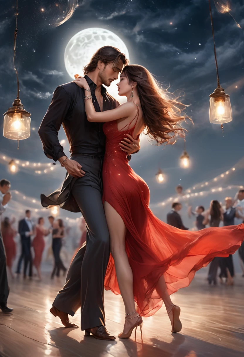 a masterpiece, stunning detail, an action shot, low angle, (top quality)), ((masterpiece)), a long hair girl, transparent long red dress, dance tango with a man, lamps, brown hair, shirt, black hair, 1boy, cleavage, jewelry, tango, hetero, multiple couples, pants, looking at another, bracelet, transparent dress, ,outdoors, full moon, strong wind, outdoors, full body, starry sky, at sea,,outdoors,(tango:1.2)