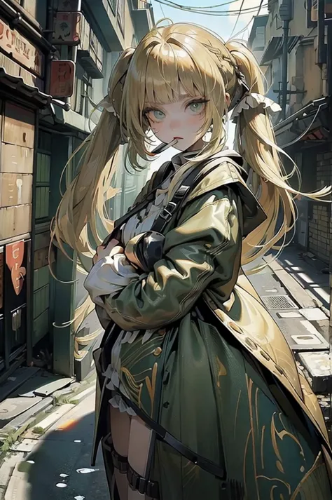 Masterpiece, best quality, high quality, ultra detailed, cowboy shot, 1girl, blunt bangs, hime cut, (((long twin-tails))), blond...