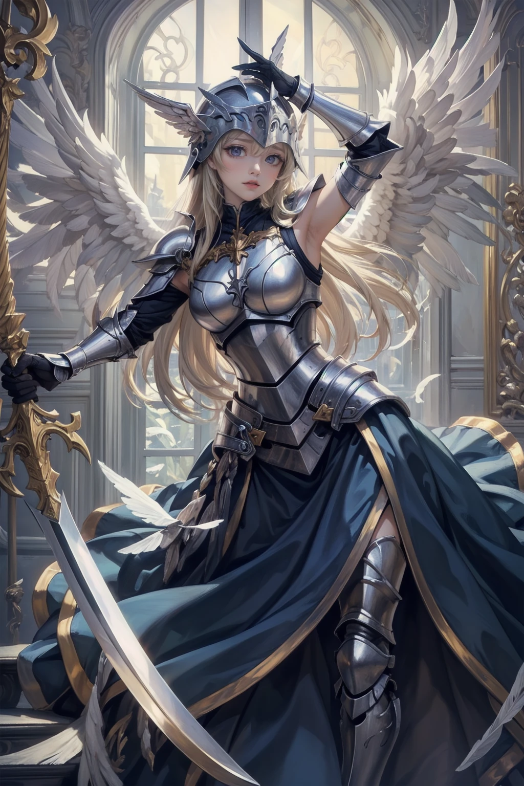 (masterpiece, Highest quality) Valkyrieプロフィールレネス, One girl, Long Hair, blue eyes, Blonde, Holding, arms, wing, Focus Only, sword, Holding arms, armor, bird, Holding sword, Helmet, feather, shoulder armor, feathered wing, Scapula, angel wing, breastplate, armored dress, winged Helmet, Valkyrie