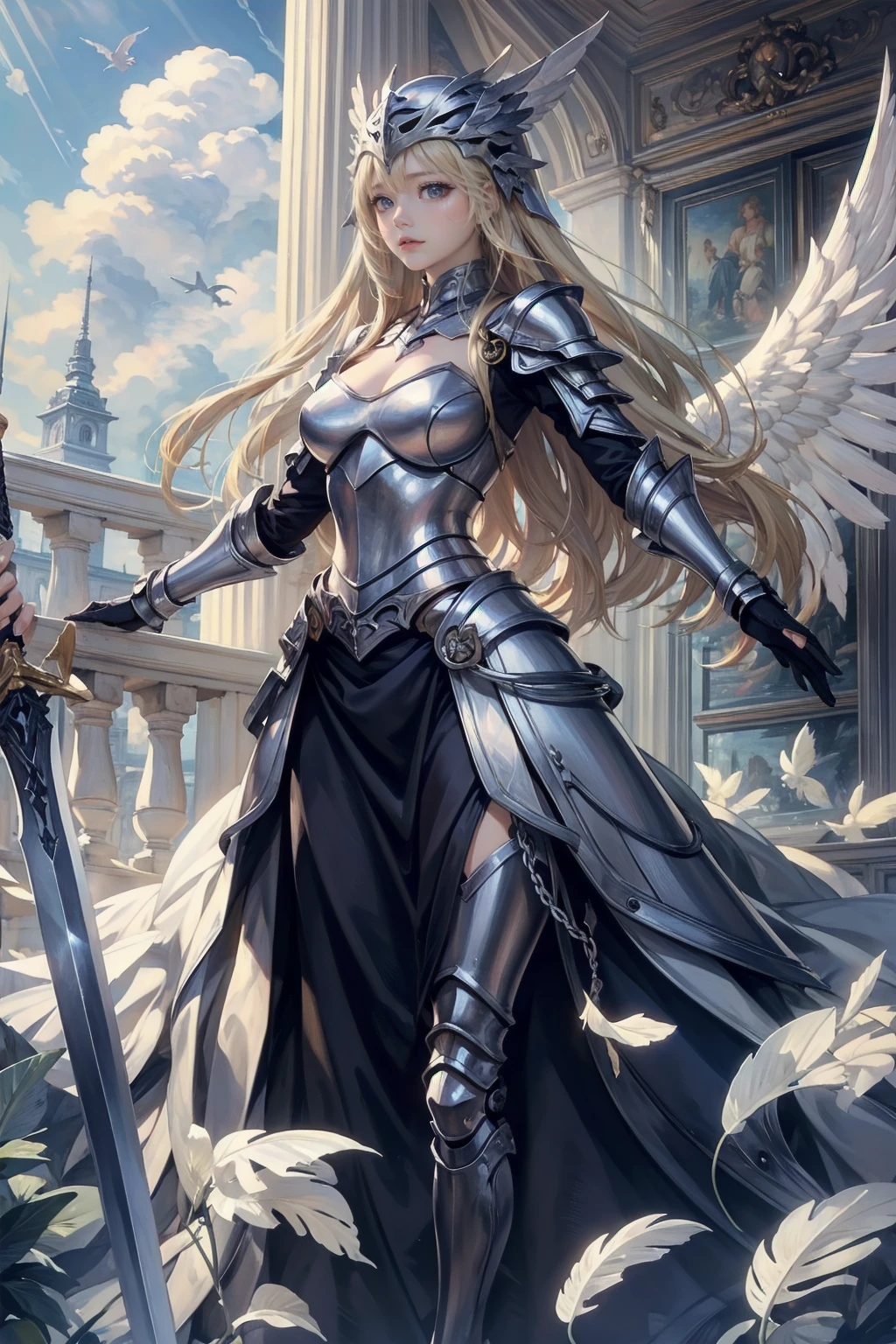 (masterpiece, Highest quality) Valkyrieプロフィールレネス, One girl, Long Hair, blue eyes, Blonde, Holding, arms, wing, Focus Only, sword, Holding arms, armor, bird, Holding sword, Helmet, feather, shoulder armor, feathered wing, Scapula, angel wing, breastplate, armored dress, winged Helmet, Valkyrie