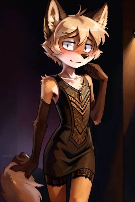 alone, Wolf, male, thin, ((Twink)), detailed, Uploaded to e621, beautiful and detailed portrait of an anthropomorphic boy, short hair, Swaybat, (((male))), subtraction, Uploaded to e621, (See-through lace bodycon dress), Nightclub, blush, A tense look, Embarrassing, Nervous pose, garter