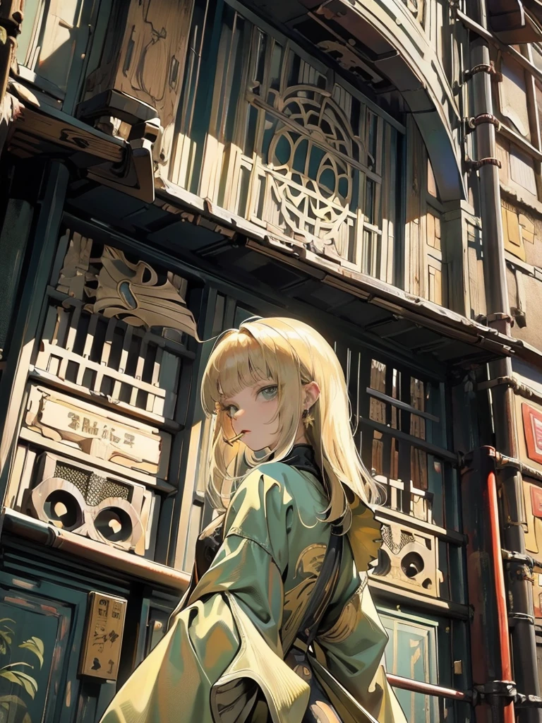 Masterpiece, best quality, high quality, ultra detailed, cowboy shot, 1girl, blunt bangs, hime cut, blond hair, green eyes, looking at viewer, creative background