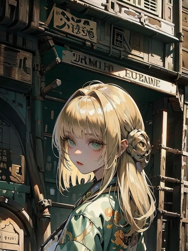 Masterpiece, best quality, high quality, ultra detailed, cowboy shot, 1girl, blunt bangs, hime cut, blond hair, green eyes, looking at viewer, creative background