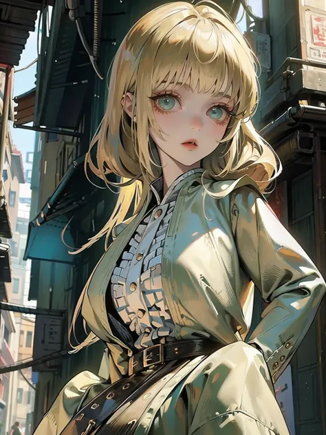 Masterpiece, best quality, high quality, ultra detailed, cowboy shot, 1girl, blunt bangs, hime cut, blond hair, green eyes, look...