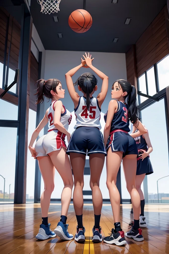 3 meninas jogando basquete, agarrando a bunda, quadra de basquete.