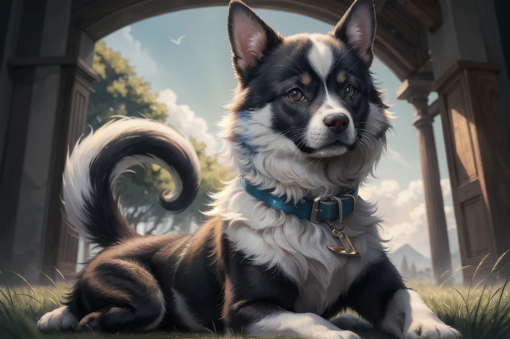 (best quality, masterpiece:1.2), photorealistic, ultra high res, front lighting, intricate detail, Exquisite details and textures, , absurdres, cinematic lighting, dynamic angle, cinematic pose, vibrant colors, (beautifully detailed face),
energetic puppy, bushy tail, wispy fur, detailed collar, lying in tall grass,