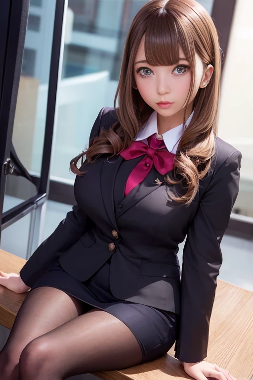 Realistic,One Girl, Magical girl、Black Pantyhose、Anguished expression、Embarrassed look,8k,Realistic、masterpiece, Highest quality, 1 girl, alone, Big Breasts, office staff suit, Jacket, Pencil Skirt, Embarrassing, Spread your legs, Sitting, office、