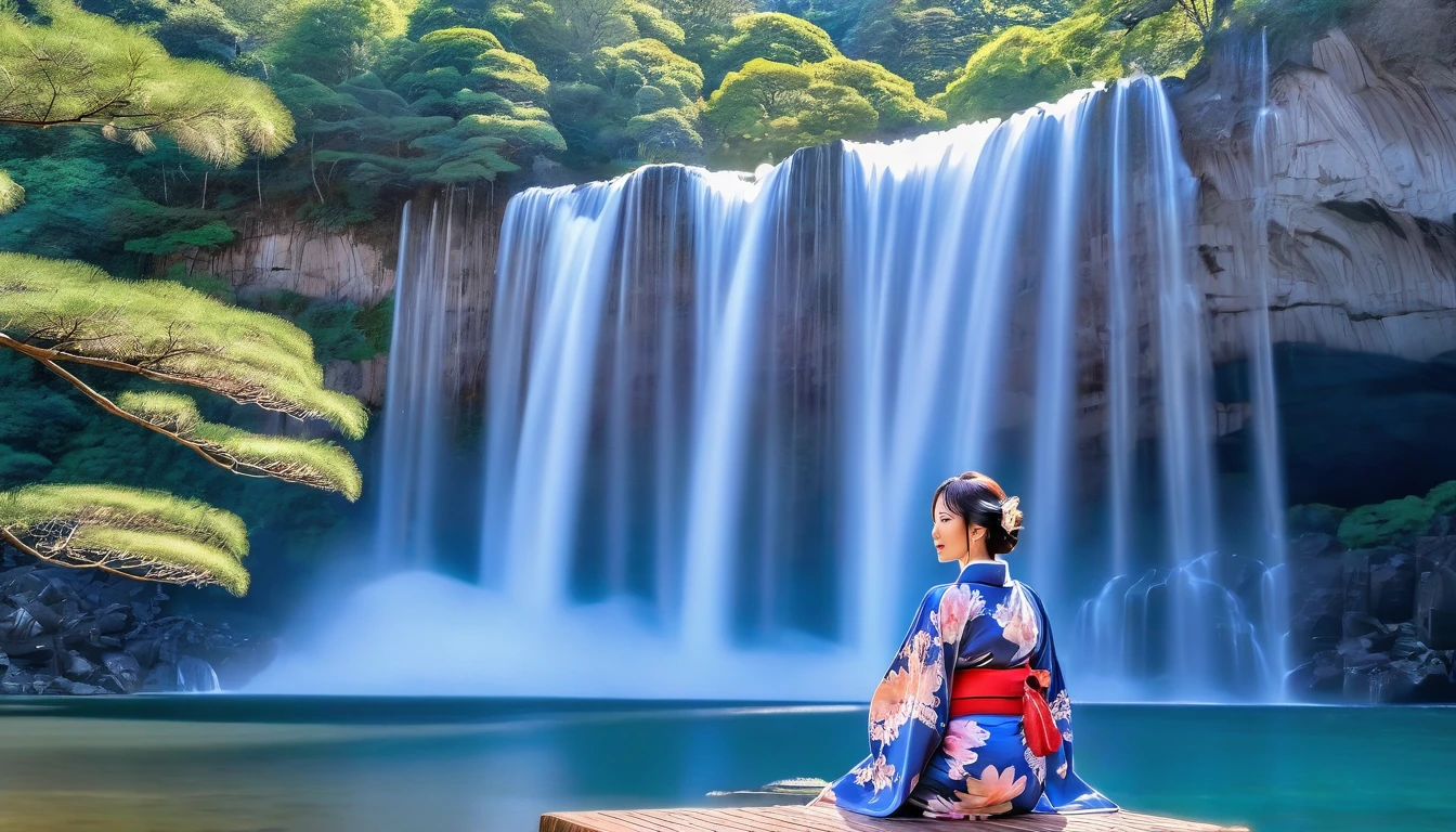 HDR image of a breathtaking tall waterfall cascading into a lake, A Japanese woman in a kimono stands by the lake, personifying unique beauty and tranquility. The sky above is a clear, bluish hue with just a few scattered clouds., adding a peaceful setting to the scene. The hyper-detailed waterfall is the focal point, capturing the viewer&#39;s attention with its powerful flow, yet calming. Ao redor do lago, lush trees and vibrant flowers for natural splendor, enhancing the overall feeling of calm and beauty of the setting