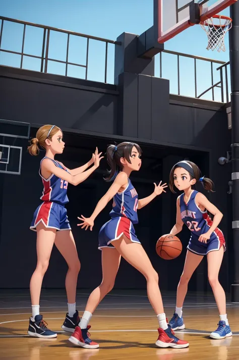 3 girls playing basketball, grabbing the ass, basketball court, short uniform, cast uniform.