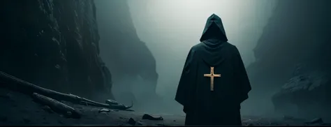 a mysterious orthodox priest, black hooded robe, long robes, holding a human skull in right hand, holding an orthodox cross in left hand, on top of a dark mountain, intricate details, cinematic lighting, dramatic shadows, muted color palette, moody atmosphere, photorealistic, highly detailed, (best quality,8k,highres,masterpiece:1.2),ultra-detailed,(realistic,photorealistic,photo-realistic:1.37),dramatic lighting,chiaroscuro,gothic,cinematic composition,muted tones,dark and moody