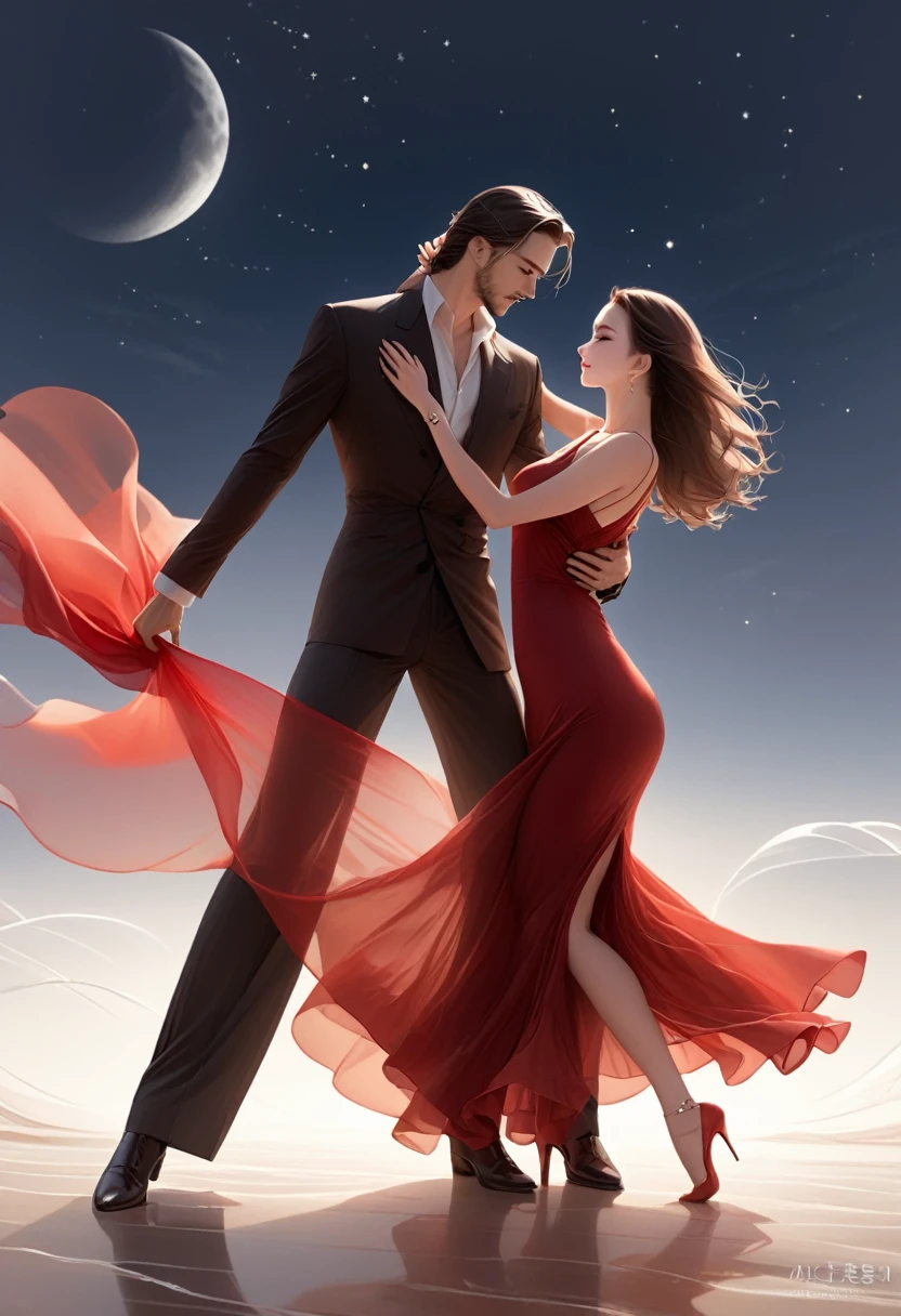 a masterpiece, stunning detail, an action shot, low angle, (top quality)), ((masterpiece)), a long hair girl, transparent long red dress, dance tango with a man, lamps, brown hair, shirt, black hair, 1boy, cleavage, jewelry, tango, hetero, multiple couples, pants, looking at another, bracelet, transparent dress, ,outdoors, full moon, strong wind, outdoors, full body, starry sky, at sea,,outdoors,(tango:1.2)