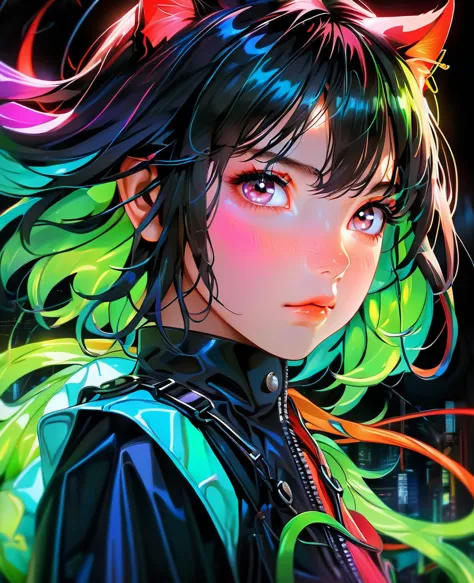 atmosphere Devil horror In a mesmerizing cascade of color and light, an enchanting anime girl Sensual sexyall green spray fire c...