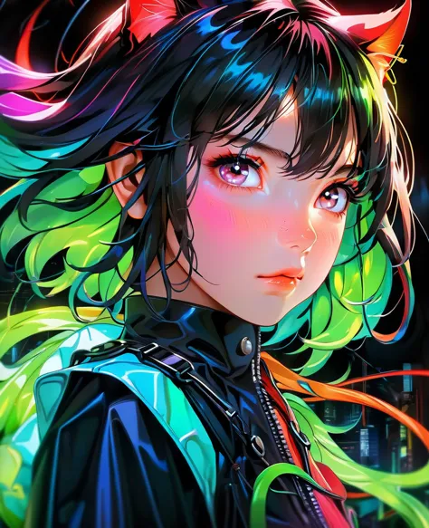 atmosphere devil horror in a mesmerizing cascade of color and light, an enchanting anime girl sensual sexyall green spray fire c...