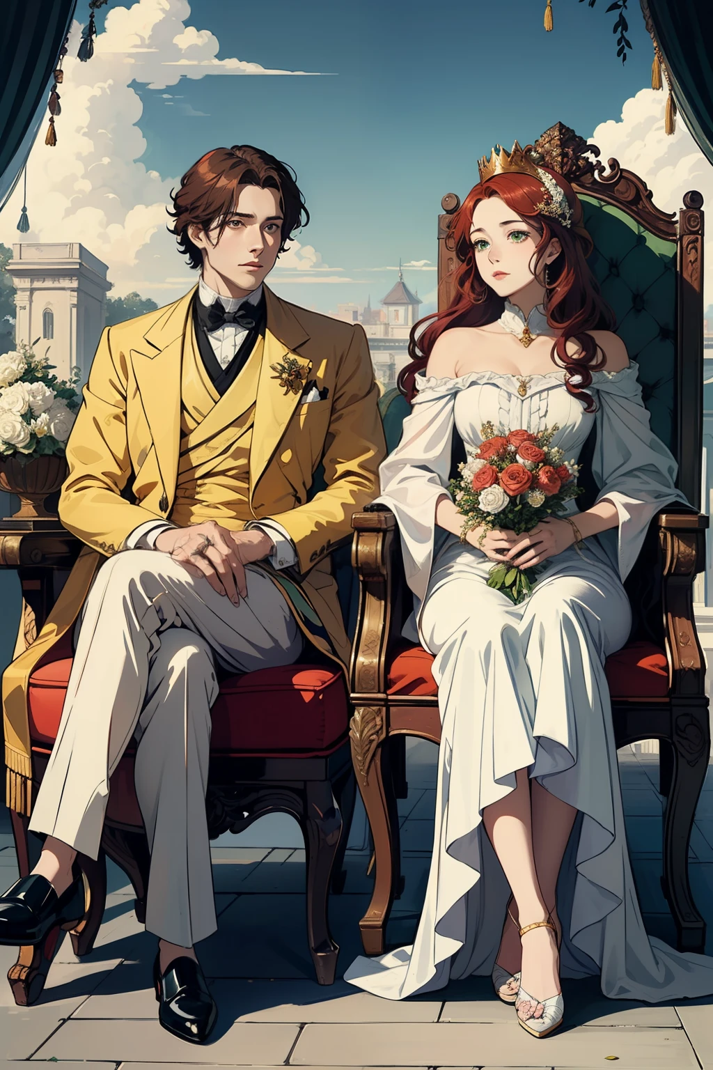 ((Best Quality)), (detailed) couple, red hair, seductive and serene green eyes, White skin, seated on a throne and crowned with golden laurels, they look like brothers.
a paraguayan flag hanging. 1845 vases with burucuyá flowers and roses.
supreme and royal atmosphere.  ((19th century)), ((anime))