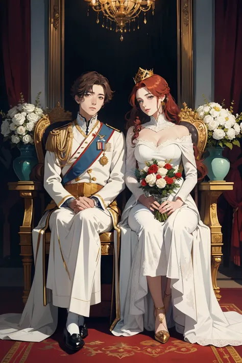 ((best quality)), (detailed) couple, red hair, seductive and serene green eyes, white skin, seated on a throne and crowned with ...