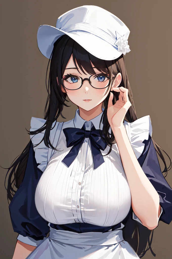 {{masterpiece}},high quality, 4K, 2D, 1 girl,{simple background},attractive mature lady, milf,standing,sagging breasts,(gigantic breasts:1.3),maid,{{turime}},black hair,chignon,{from right in front of face and body},{front facing shot},Wear glasses,White Brim