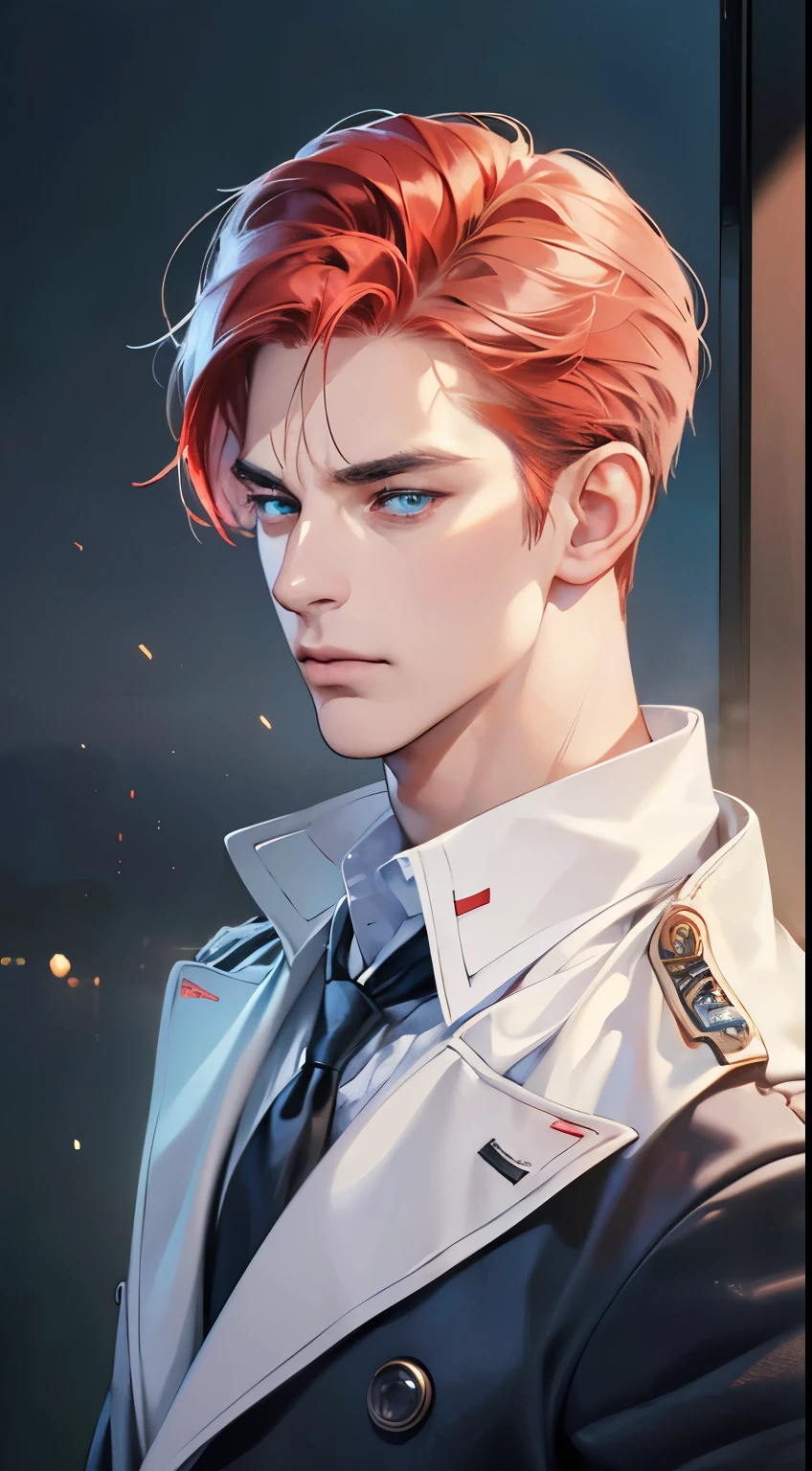 (best quality, masterpiece, 8K, photorealistic, cinematic lighting, 1:4 hdr image, ultra detailed, beautiful image), a mature man, 34 years very handsome, ((cold expression)), short red hair, blue eyes, face perfect without mistakes, ((buttoning his jacket, CEO))