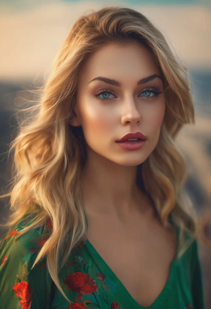 Create a super realistic image in 4K and Full HD of a young and beautiful woman. She should have long, blonde hair blowing in the wind, with a penetrating and confident gaze. Her eyes are light, and her eyebrows are well-defined. Her expression should be seductive and attractive, with lips painted in an intense red. She is wearing a green top with floral details. The image should capture her entire body, highlighting her posture and curves. Her skin is fair and flawless, and the lighting should accentuate the contours of her face and body. The background of the image should be simple and clear, with a blue sky in the background, to ensure all the attention is on the main figure