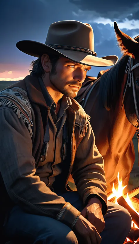 Western cowboy wearing a ten-gallon hat resting by a campfire at night, his loyal horse by his side, cattle resting in the distance, a beautiful and atmospheric night-time cattle drive scene, intense gaze filled with purpose, weary but resolute body language, alert to his surroundings and wary of cattle rustlers, sitting by the crackling fire, tenderly petting his beloved horse, an air of absolute trust and companionship, (best quality,4k,8k,highres,masterpiece:1.2),ultra-detailed,(realistic,photorealistic,photo-realistic:1.37),dramatic lighting,warm color tones,chiaroscuro lighting,cinematic composition,highly detailed portrait,detailed face and eyes,intricate fabric textures,environmental details,glowing embers,atmospheric haze,moody and contemplative