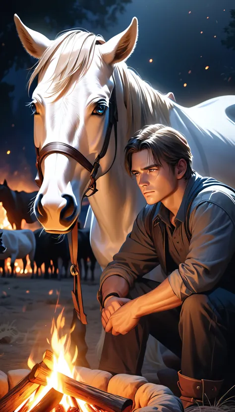 a cowboy resting by a campfire at night, his loyal horse by his side, cattle resting in the distance, a beautiful and atmospheric night-time cattle drive scene, intense gaze filled with purpose, weary but resolute body language, alert to his surroundings and wary of cattle rustlers, sitting by the crackling fire, tenderly petting his beloved horse, an air of absolute trust and companionship, (best quality,4k,8k,highres,masterpiece:1.2),ultra-detailed,(realistic,photorealistic,photo-realistic:1.37),dramatic lighting,warm color tones,chiaroscuro lighting,cinematic composition,highly detailed portrait,detailed face and eyes,intricate fabric textures,environmental details,glowing embers,atmospheric haze,moody and contemplative