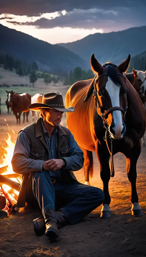 Western cowboy wearing a ten-gallon hat resting by a campfire at night, his loyal horse by his side, cattle resting in the distance, a beautiful and atmospheric night-time cattle drive scene, intense gaze filled with purpose, weary but resolute body language, alert to his surroundings and wary of cattle rustlers, sitting by the crackling fire, tenderly petting his beloved horse, an air of absolute trust and companionship, (best quality,4k,8k,highres,masterpiece:1.2),ultra-detailed,(realistic,photorealistic,photo-realistic:1.37),dramatic lighting,warm color tones,chiaroscuro lighting,cinematic composition,highly detailed portrait,detailed face and eyes,intricate fabric textures,environmental details,glowing embers,atmospheric haze,moody and contemplative