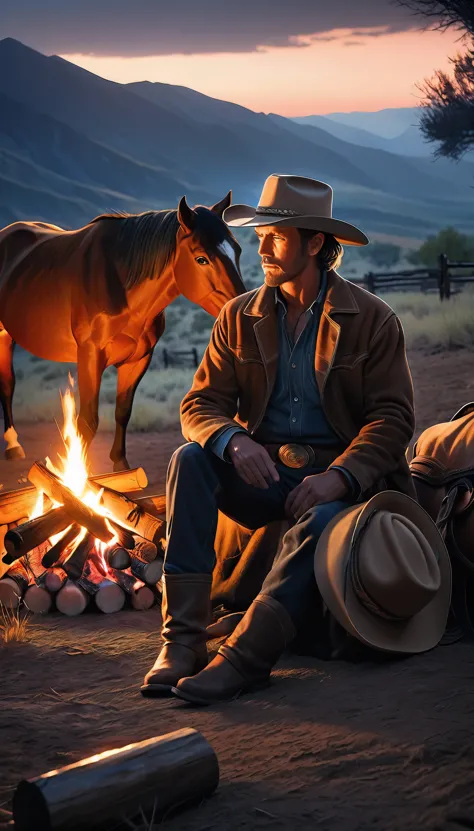 Western cowboy wearing a ten-gallon hat resting by a campfire at night, his loyal horse by his side, cattle resting in the distance, a beautiful and atmospheric night-time cattle drive scene, intense gaze filled with purpose, weary but resolute body language, alert to his surroundings and wary of cattle rustlers, sitting by the crackling fire, tenderly petting his beloved horse, an air of absolute trust and companionship, (best quality,4k,8k,highres,masterpiece:1.2),ultra-detailed,(realistic,photorealistic,photo-realistic:1.37),dramatic lighting,warm color tones,chiaroscuro lighting,cinematic composition,highly detailed portrait,detailed face and eyes,intricate fabric textures,environmental details,glowing embers,atmospheric haze,moody and contemplative