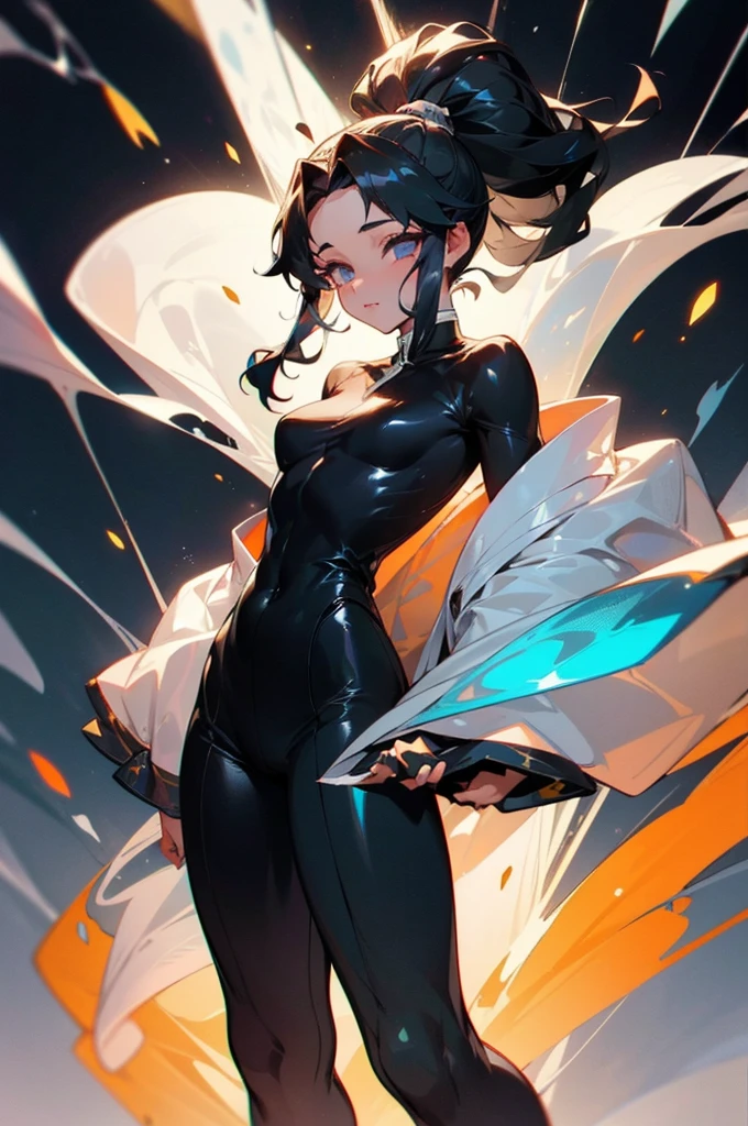 (whole body、Are standing、Head to Toe:1.3),(1 female:1.2),(Black Hair、High Ponytail、Muscular Woman:1.1),(Front lighting:1.2),with a Silver body and glitters with lights above,Extreme iridescent reflection,in the style of truth tracing,Vibrant manga,Shiny/ Shiny,rococo pastel,Fluid shape,Tiny Core,A fluid impression,truth,Mechanical Aesthetics,Yang Juncheng,Silver,Shiny eyes,Fluid shape.,Young warrior,Male characteristics,