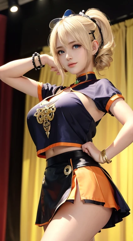 Mary Rose, Blonde Hair, ((12 years old)), ((Short curly hair)), Eye((Smart Eye, Black)), clothing((satin, mini skirt, satin带饰边, orange, orange)), Accessories ((Hairpin, Shock, bracelet)), Ponytail, (((slim, Huge breasts))), Big breasts, Korean makeup, Happy, stage, spotlight, concert, Smile, Smile表情, Dance, ((Short curly hair))