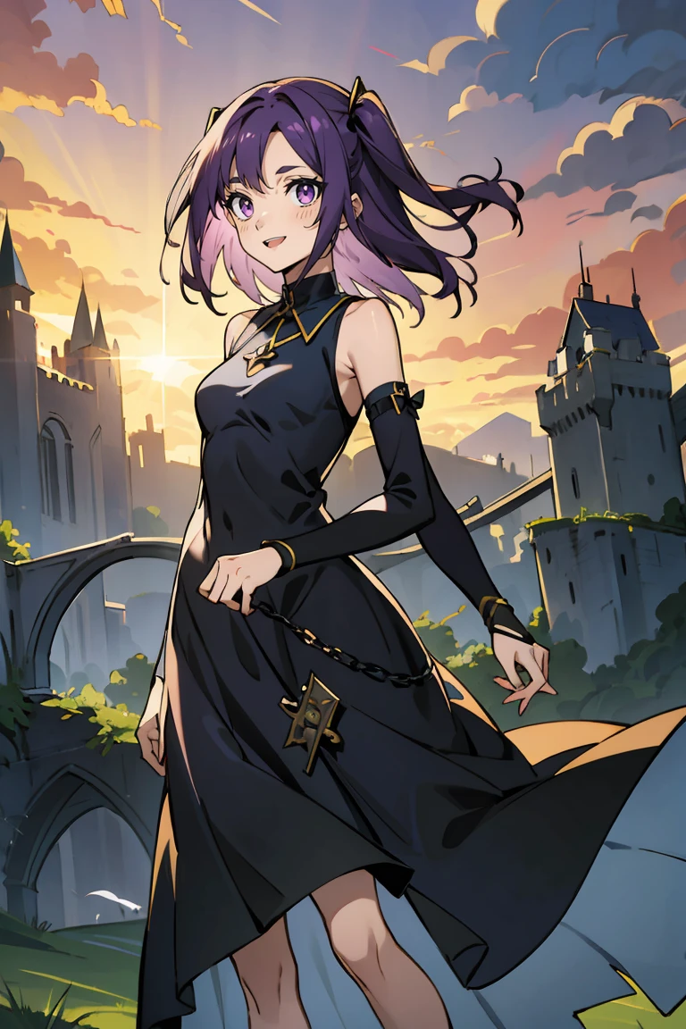 (masterpiece:1.2), (high quality:1.2), reo mikage, blue lock, girls with((1girl, solo, purple hair, (medium hair, right swept bangs, one side up:1.55), bare shoulder, blush, breasts, choker, cleavage, cowboy shot, collar, collarbone, rosary, cross, blue shirt, white dress, sleeveless, collared shirt, collarbone, necktie, black sleeves, arm wears, elbow armwarmers, navy cheongsam, cinderella dress, long dress, frilled panniers, (open dress:1.34), black leggings, boots, sandals, bare legs, stands)), background with((fantasy world, ruin, castle, beautiful sky, shining sky, sunshine:1.35))