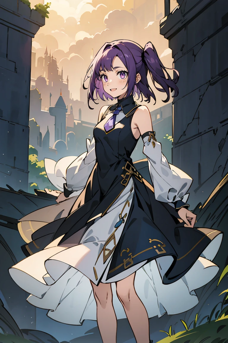 (masterpiece:1.2), (high quality:1.2), reo mikage, blue lock, girls with((1girl, solo, purple hair, (medium hair, right swept bangs, one side up:1.55), bare shoulder, blush, breasts, choker, cleavage, cowboy shot, collar, collarbone, rosary, cross, blue shirt, chinese shirt, white dress, sleeveless, collared shirt, collarbone, necktie, black sleeves, arm wears, elbow armwarmers, navy cheongsam, cinderella dress, long dress, frilled panniers, (open dress:1.34), black leggings, boots, sandals, bare legs, stands)), background with((fantasy world, ruin, castle, beautiful sky, shining sky, sunshine:1.35))