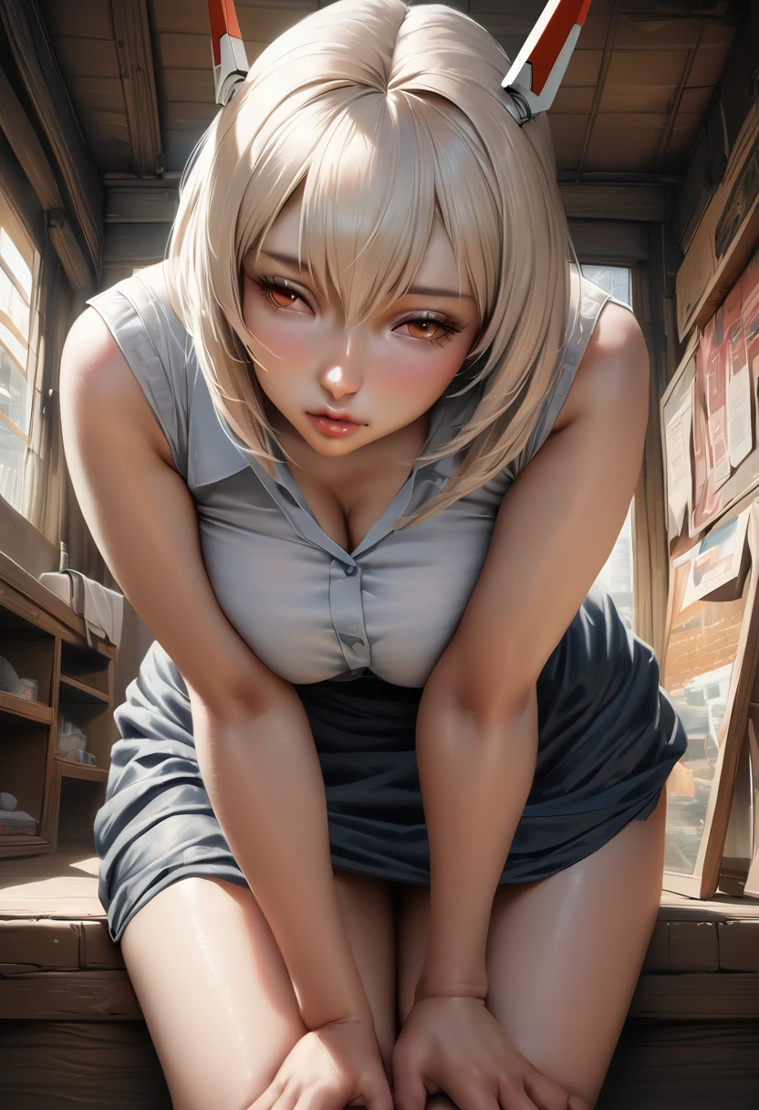 (Highest quality, High resolution, Realistic:1.2), girl, Large Breasts, Browsing Caution, Highly detailed background, To the camera, Sitting, Bend your waist forward, To the camera足を向ける, Roll up your skirt, (Ayanami Rei:1.1), Detailed skin texture, (close:1.2), Lower your head to your waist, (lower one&#39;s head, Looking down:1.3), Two eagles, 