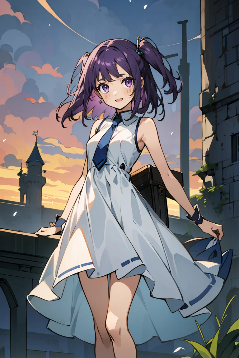 (masterpiece:1.2), (high quality:1.2), reo mikage, blue lock, girls with((1girl, solo, purple hair, (medium hair, right swept bangs, one side up:1.55), bare shoulder, blush, breasts, choker, cleavage, cowboy shot, collar, collarbone, rosary, cross, blue shirt, chinese shirt, white dress, sleeveless, collared shirt, collarbone, necktie, arm wears, elbow armwarmers, blue cheongsam, princess dress, long dress, frilled panniers, (open dress:1.34), black leggings, boots, sandals, bare legs, stands)), background with((fantasy world, ruin, castle, beautiful sky, shining sky, sunshine:1.35))