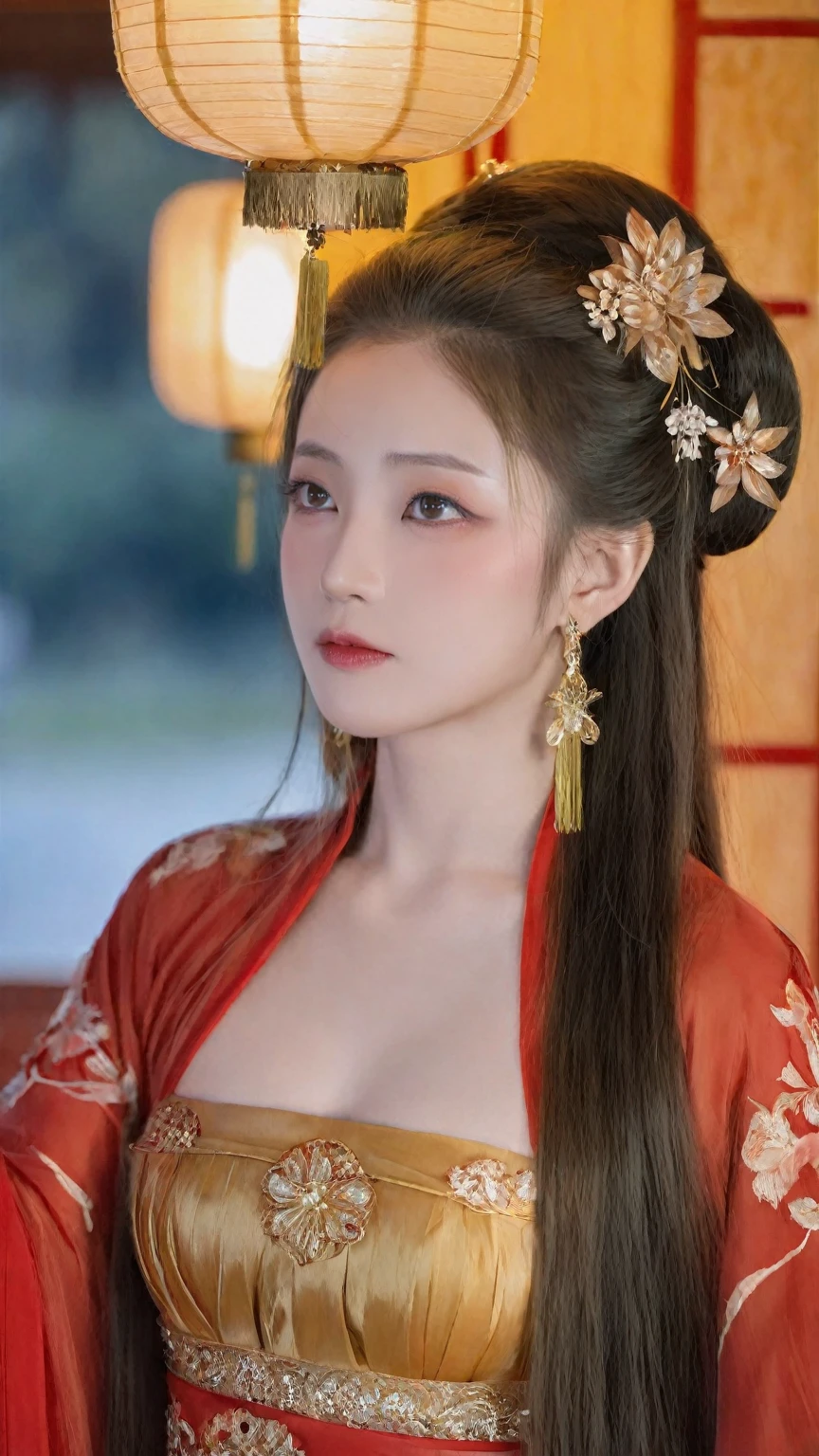 best quality,masterpiece,highres,(exquisite body:1.5),gorgeous face,(milky skin:1.3),intricate details,high resolution,wallpaper,1girl,solo,dress,hair ornament,(((gold and red dress))),flowers,long hair,brown hair,closed mouth,jewelry,long sleeves,wide sleeves,big eyes,floating hair,chinese clothes,hanfu,embroidery,long skirt,natural pose,falling petals,indoor,fanning,lantern,16K,HDR,highres,depth field,(film grain:1.1),boken,golden hour,(lens flare),vignette,rainbowing,(color grading:1.5),(large breasts:1.2),(upper body:1.3),looking at viewer,