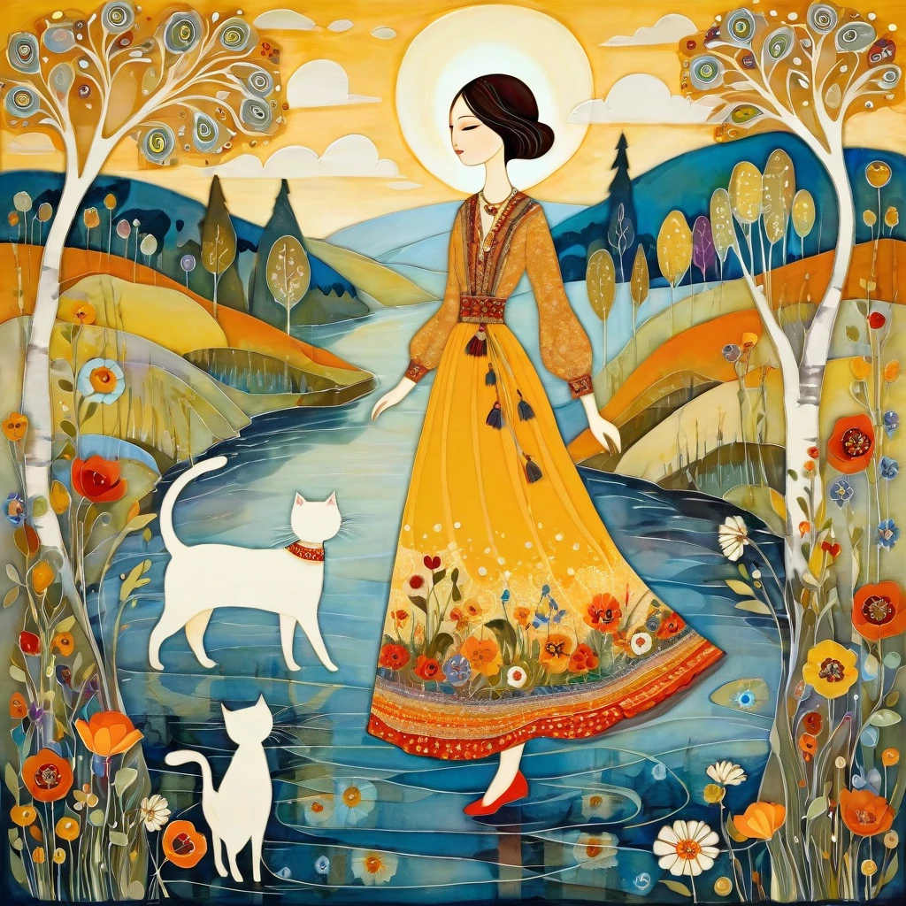 In the style of Albena Vatcheva. Stylized figures. Ethereal woman, wearing a wide skirt with flower and leaf motifs, walks on the waters of a river, on the banks of the river colorful cats walk some cats watch her. In the background mustard-colored sunshine, hills, birch trees, poppy flowers and blooming dandelions.
