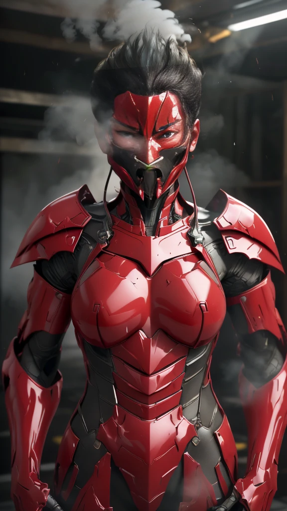 Rough skin, Very detailed, Advanced Details, high quality, 最high quality, High resolution, 1080P 、Bleeding from the wound、Red Armor、Wearing red and black、cute((Severe damage to the entire body))(Wearing a damaged female robot suit...)(Red Armor)(Broken Armor)Black Hair、、Chiquita、Soaking wet、Open your mouth、Sweaty face、It hurts again、cute、knock down、　(Steam coming out of the face) ((Steam from the whole body))  ((Rear View))look up　suffering　bare hands