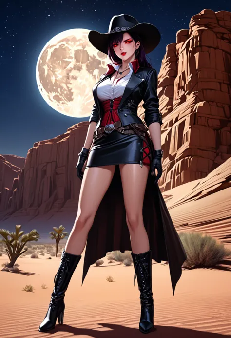 a picture of a female vampire cowboy in the desert night, a goth beauty, exquisite beautiful female vampire, ((anatomically corr...