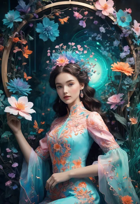 create a surreal portrait of a woman in an enchanting, fantastical garden. detailed, expressive features with light blue and pin...