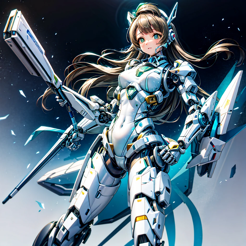 masterpiece, high quality, During the surgery to convert the machine、Minami Kotori, who has been turned into a mechanical body cyborg、Surgery to convert to a gynoid cyborg body with exposed mechanical parts、Blue and white leotard-type mechanical armor、The whole body from the neck down is precision-machined.、Single image、Full-body shot from the front