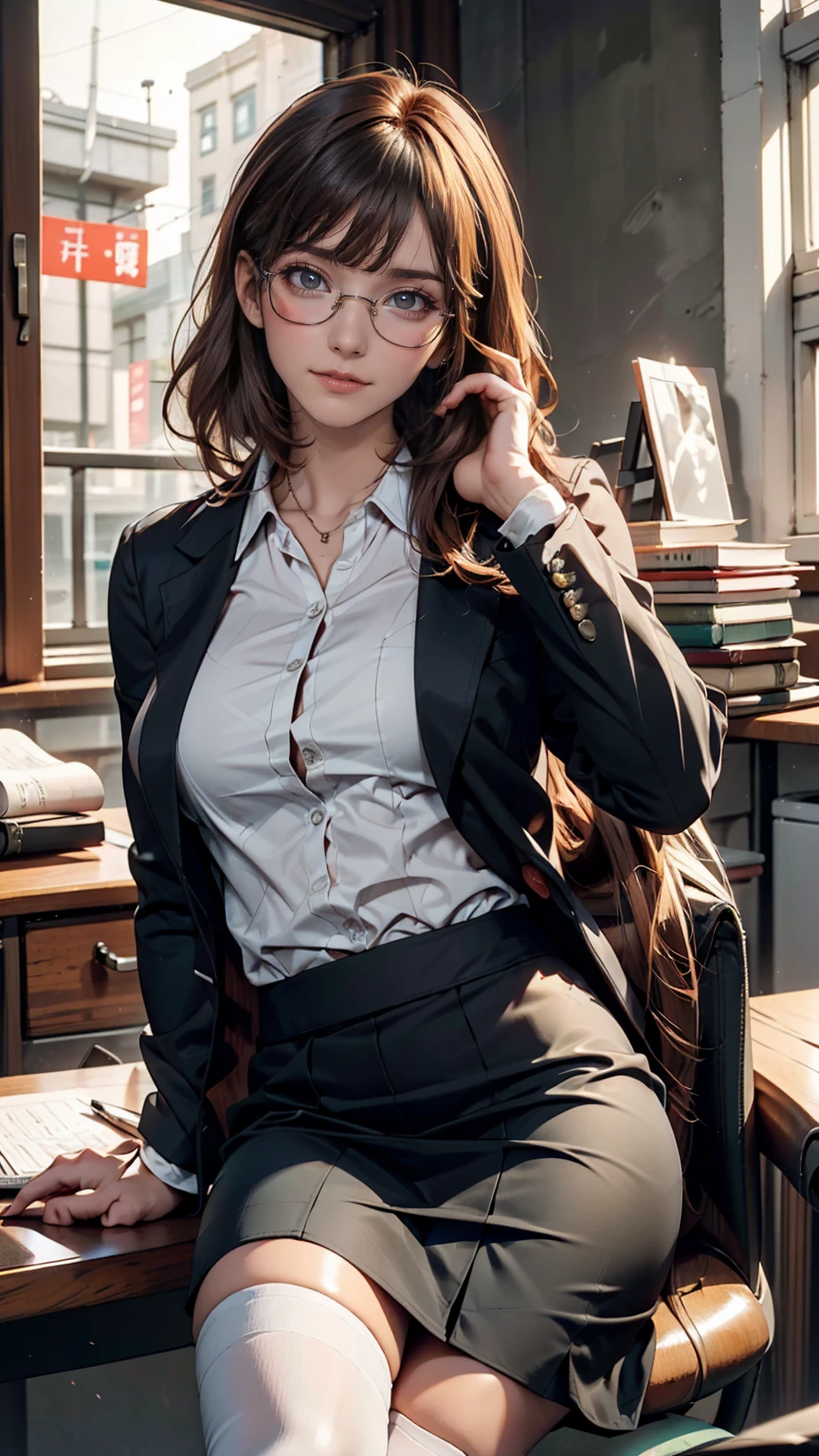 Uma mulher está sentada em uma cadeira com um laptop, 厳格な黒のVestindo um terno de negócios, sitting Na mesa, em um terno rigoroso, Na mesa, Vestido com um terno formal, Deusa Japonesa, Meias até o joelho e saia, Ela sentou-se na mesa, sentado à mesa, Sentado em uma mesa, Vestindo um terno de negócios, Pernas elegantes, Sedutoramente voltado para frente, Cruzando as pernas, sakura futaba, cabelo laranja, Franja cega, olhos roxos, olhos roxos, copos, Camisa branca com botões, fones de ouvido, espesso, jaqueta verde, 2 mulheres、Corpo feminino sexy e proporcional、Proporção sexy、Lábios com batom vermelho、Pele texturizada((Pele texturizada))、sorriso、Cintura estreita