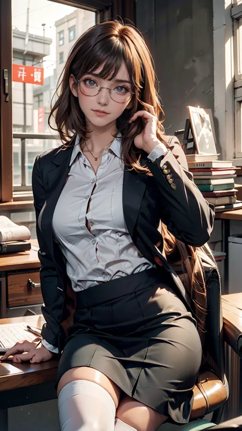 A woman is sitting in a chair with a laptop, 厳格な黒のWearing a business suit, sitting on the desk, In a strict suit, on the desk, D...