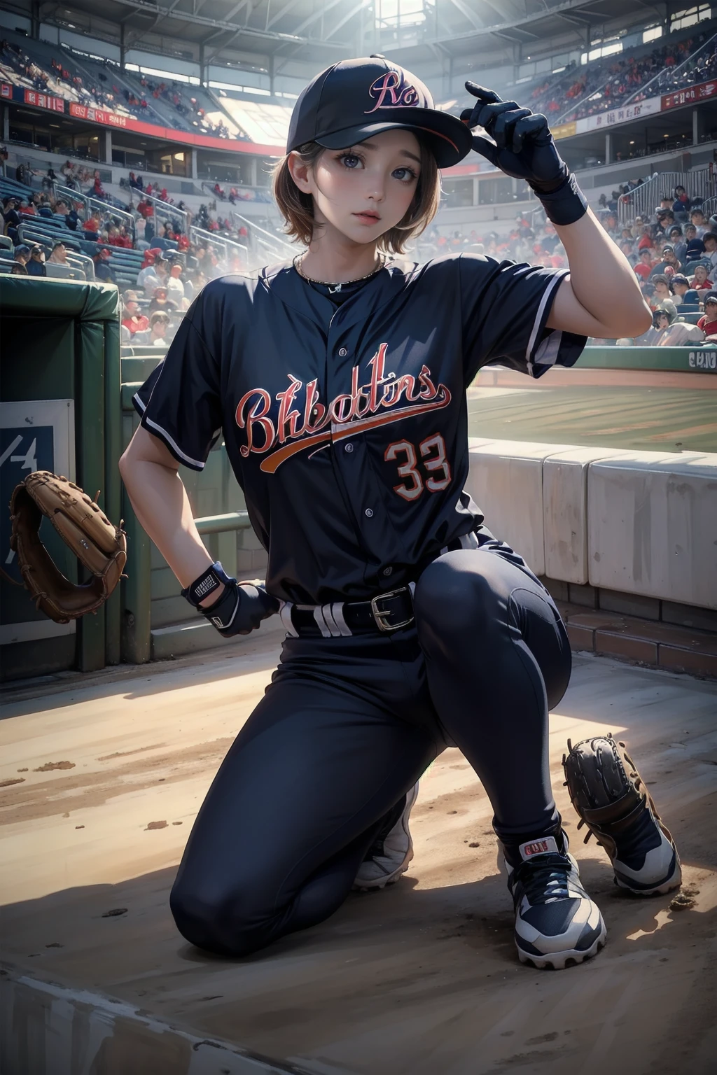 Mujer joven y hermosa,(de la máxima calidad,Representación extremadamente detallada,increíble alta resolución,Representación anatómicamente precisa,software),(piel brillante,piel brillante),jugador de baseball,uniformes de beisbol,Pantalones de béisbol,Baseball cap,guantes,悔しさからEn el montículo泣く投手,una cara arrepentida,posición de rodillas,fondo:Campo de béisbol durante un juego,Pérdida de salida,En el montículo