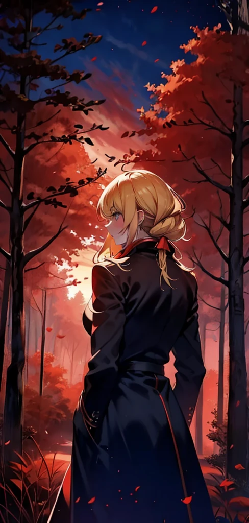 Femme blonde，long manteau，vue arrière，silhouette，forêt rouge，lune rouge，Nuit rouge，