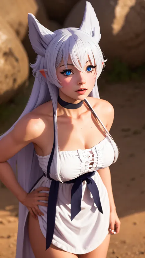 a sexy woman with big breasts with wolf ears white hair blue eyes top hairy tail white fagot with a black bow ribbon