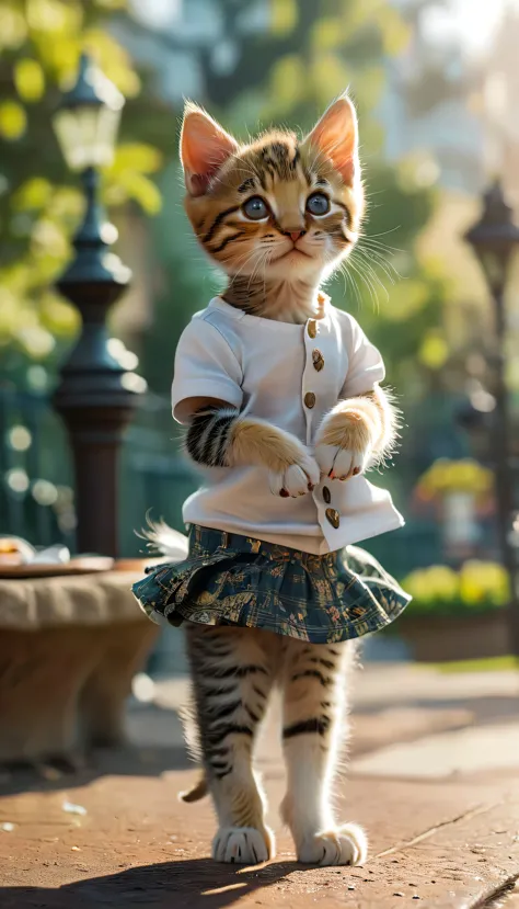 masterpiece,Highest quality,animal,a bit,cute,No humans,kitten:Minuet,Plain T-shirt and mini skirt outfit,Standing on hind legs,The background is park