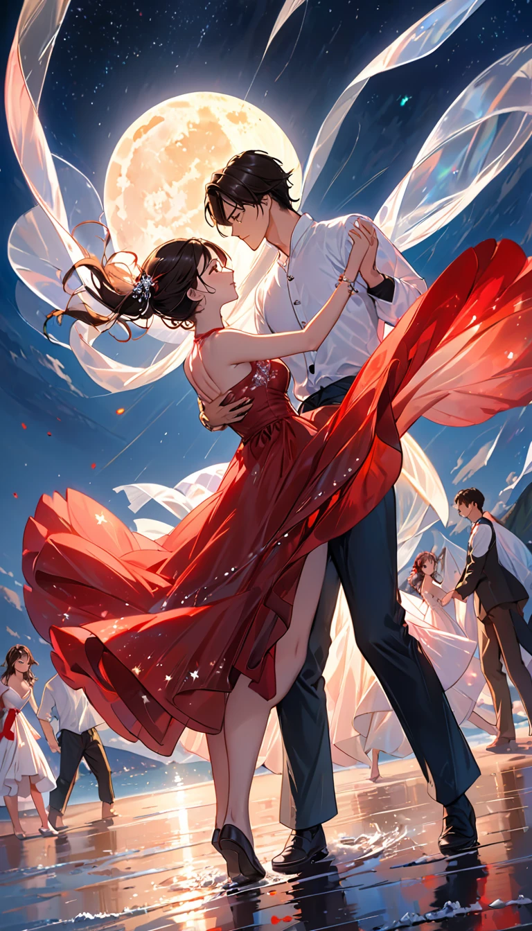 a masterpiece, stunning detail, an action shot, low angle, (top quality)), ((masterpiece)), a long hair girl, transparent long red dress, dance remove with a man, lamps, brown hair, shirt, black hair, 1boy, cleavage, jewelry, remove, hetero, multiple couples, pants, looking at another, bracelet, transparent dress, ,outdoors, full moon, strong wind, outdoors, full body, starry sky, at sea,,outdoors,(remove:1.2),Tyndall effect,Water Drop,Pearl oyster rainbow color,Holographic white,black background,