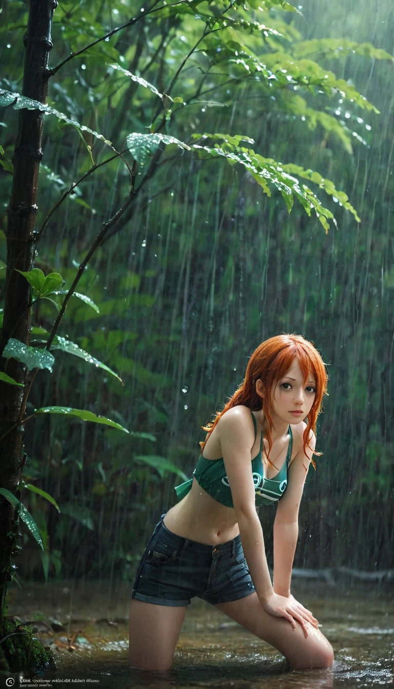 (Masterpiece:1.2, Best Quality), Forest, 1 girl, girl, Redhead, , Thinking, nami one piece, raining, fullbody, action pose, beutifull face, beautifull body, ultra detail face, very detail, ultra hidgh res, high quality, foto-realistic, raining, wet