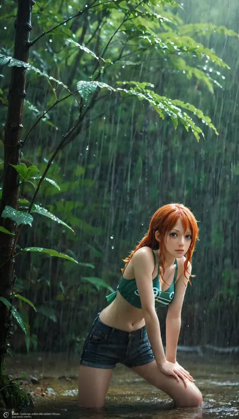 (Masterpiece:1.2, Best Quality), Forest, 1 girl, girl, Redhead, , Thinking, nami one piece, raining, fullbody, action pose, beut...